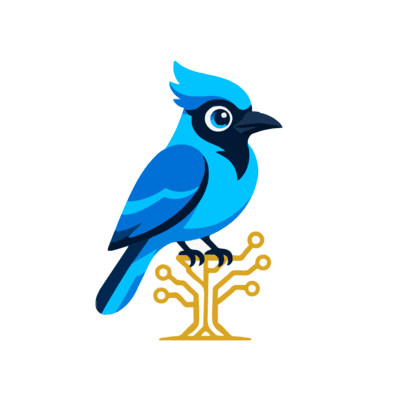 Cyanolink Labs — a blue jay perched on a circuit-board tree